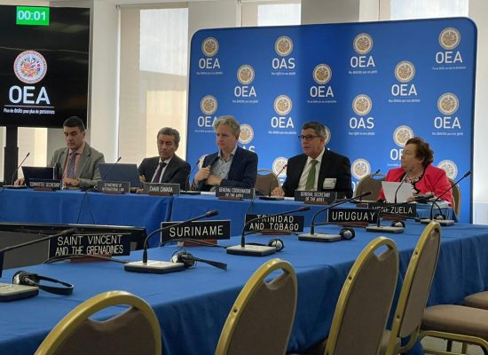 Imagen de representantes de la OEA reunidos alrededor de una mesa de trabajo